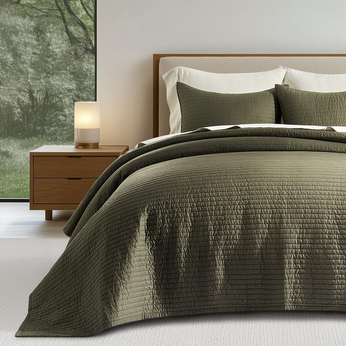 EVERGRACEHOME Cotton Sateen Quilt Set, King Size, Olive Green