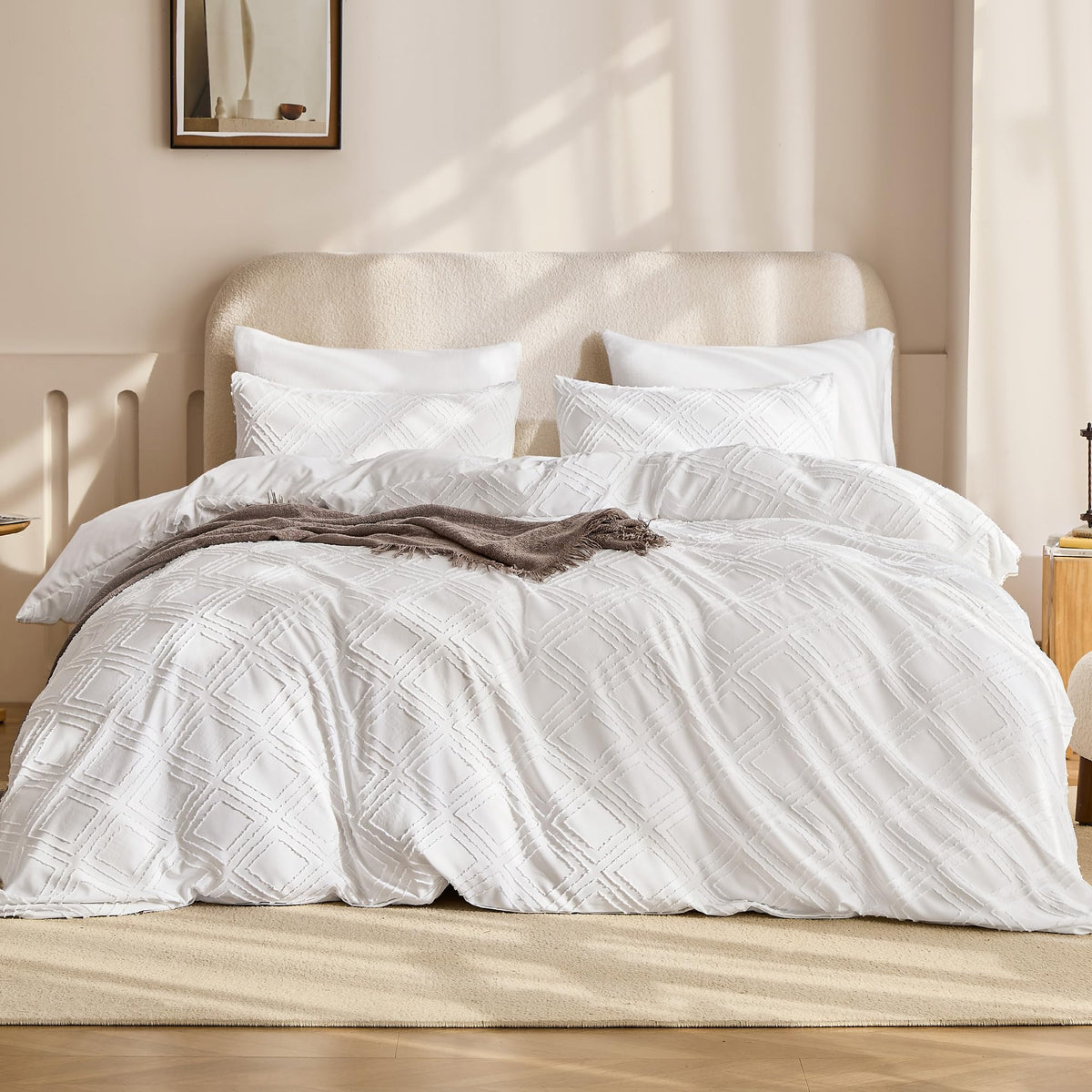 JELLYMONI White Striped Tufted Duvet Cover Set Queen Size