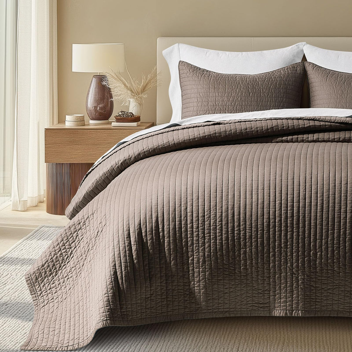 EVERGRACEHOME Cotton Sateen Quilt Set, King Size, Mocha Brown