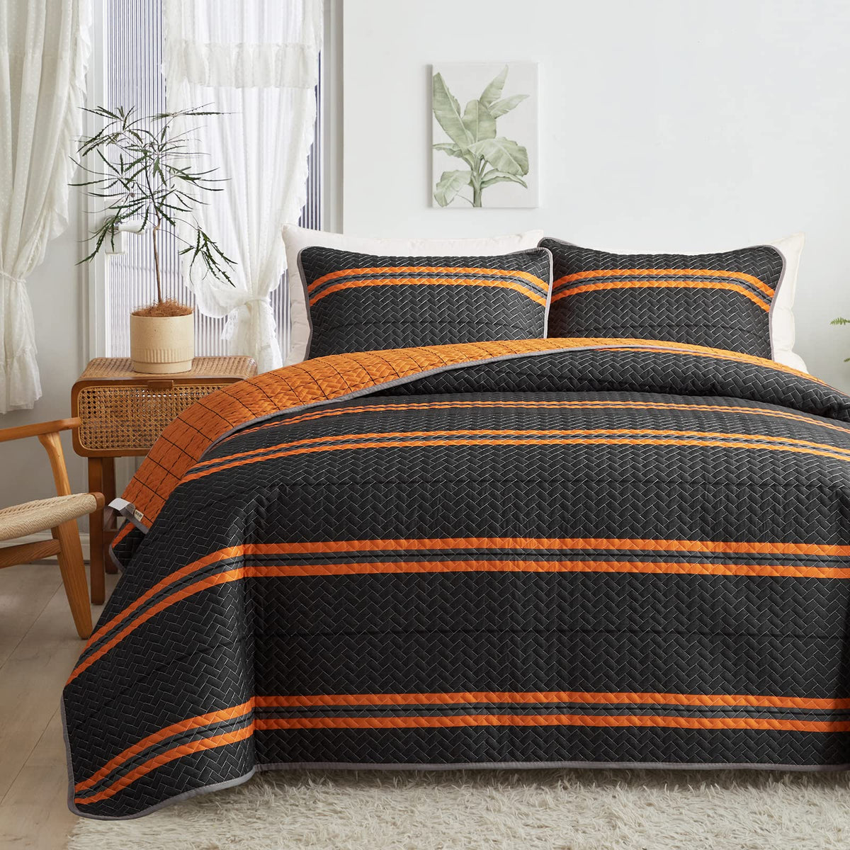 Flysheep Dark Grey Boho Quilt Set Full Queen Size, 3 Pcs White Striped on Gray Reversible Bedspread, Brushed Microfiber Coverlet for All Season, 1 Quilt + 2 Pillow Shams
