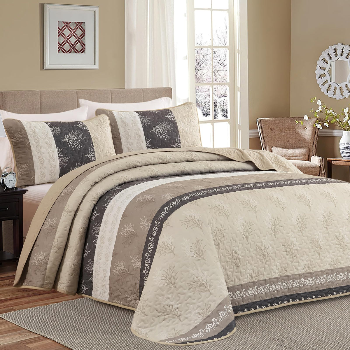 DJY Queen Quilt Set, Lightweight Striped Bedspread Bedding Set, Dark Brown
