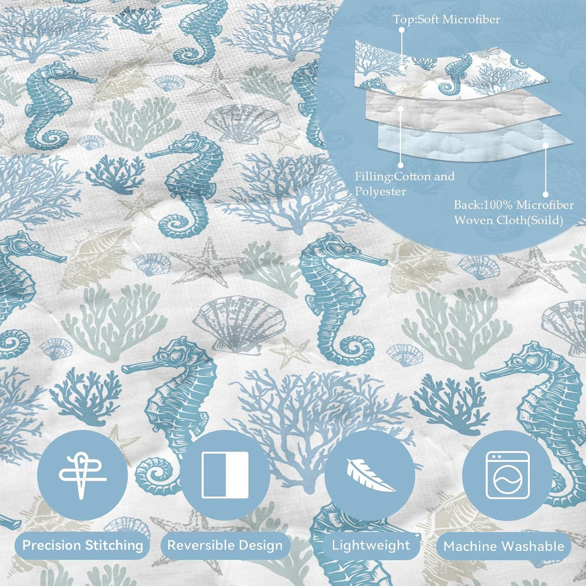 Nautical Queen Quilt Set, Coastal Seahorse Bedding, 3 Piece, 90"x96"