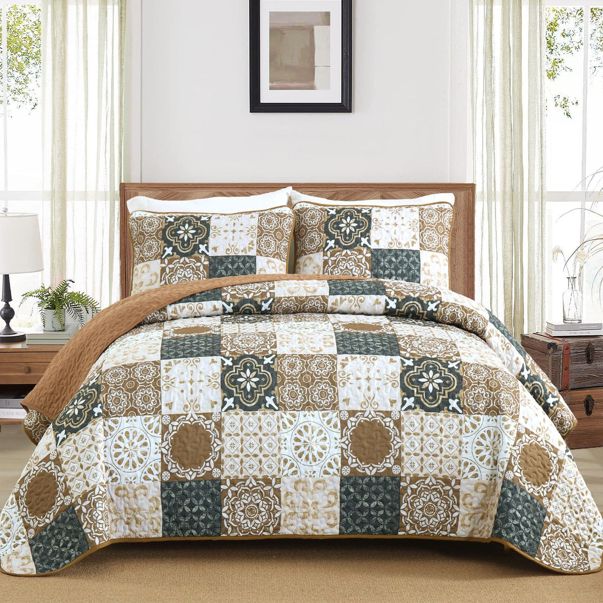 Dobuyly Queen Quilt Set Aqua Blue Patchwork Bedspread 3 Piece