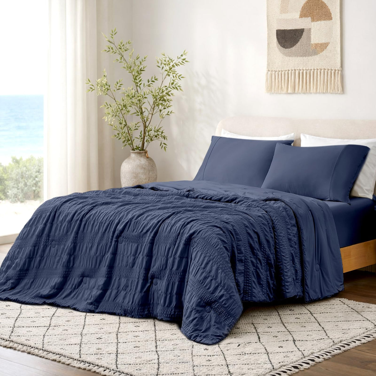 Cozy Bliss Seersucker Cooling Comforter Queen Size, Q-Max 0.45 Reversible Lightweight Cooling Blanket, Breathable Silk Smooth Summer Bedding Quilt for Hot Sleepers Night Sweats Dark Grey