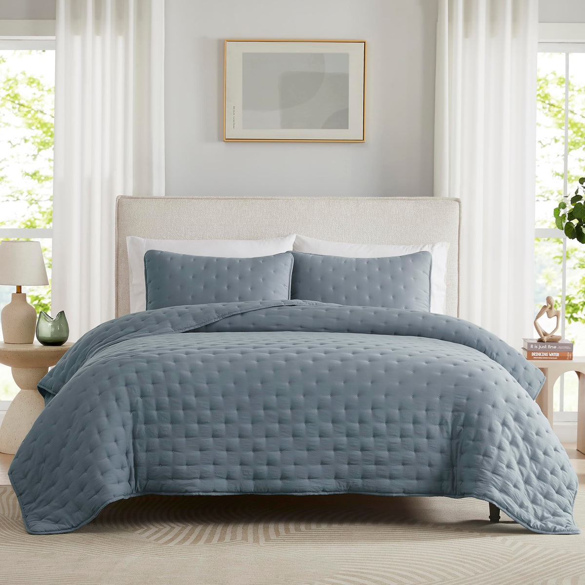 WDCOZY Beige Cloud Queen Size Quilt Set, Tan Lightweight Farmhouse Bedspread, Rustic Country Coverlet, Taupe Camel Soft Bedding, Thin Comforter for All Season - 3 Pieces, 90x90 inches
