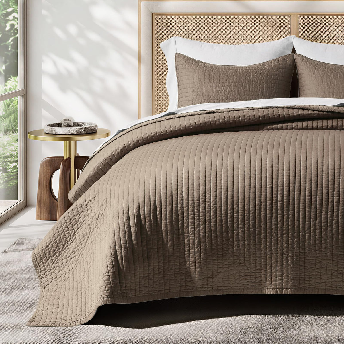 EVERGRACEHOME Cotton Sateen Quilt Set, King Size, Olive Green