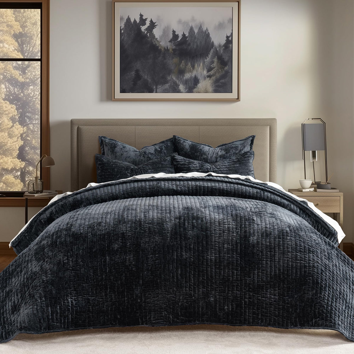 EverGrace Stripe Channel Luxury Velvet Quilt Set King Size, Mocha Brown