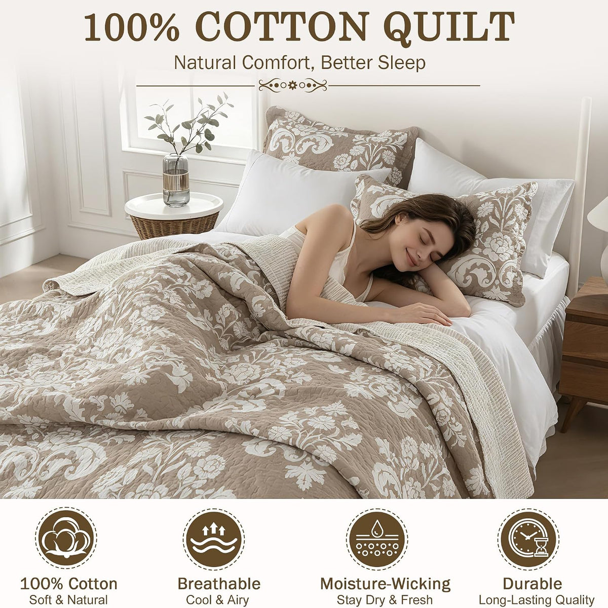 100% Cotton King Quilt Set Taupe Floral Bedding and 2 Pillow Shams