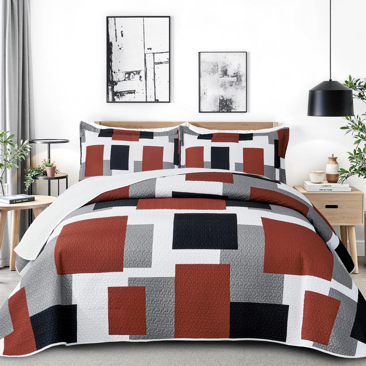 Tyrot 3 Piece Red Black Grey Quilts King Size Red White Gray Bedding Set