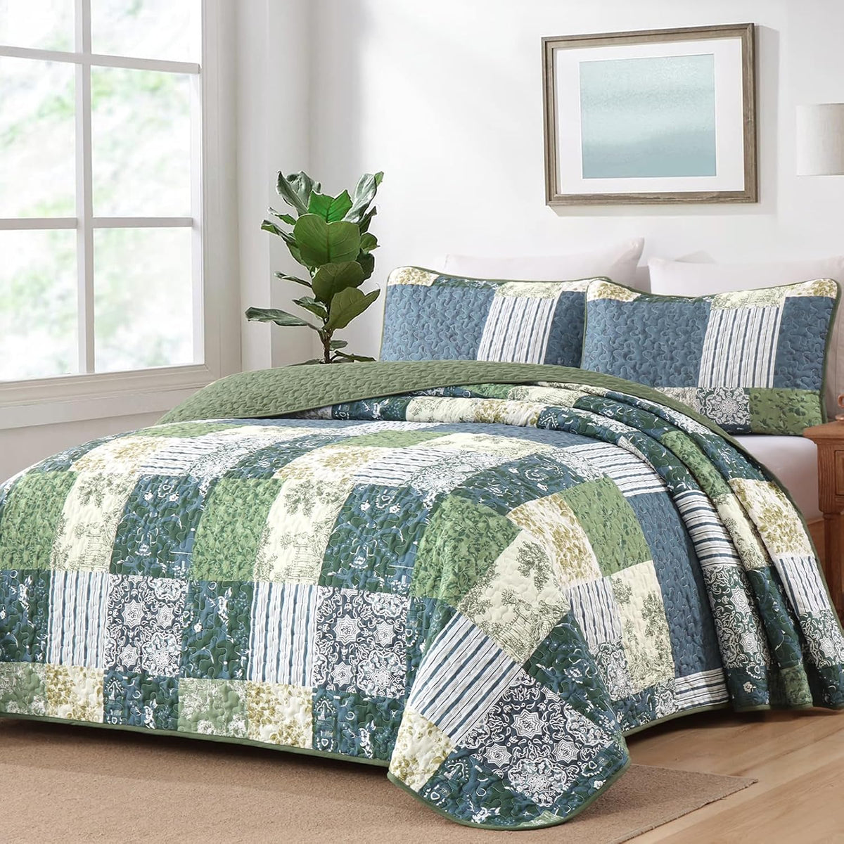 Drucon Green Patchwork Queen Quilt Set, Spring Summer Bedspreads Bedding Set, 3 Pieces Lightweight Soft Plaid Coverlet with 2 Pillow Shams for All Season 96x90 Inch