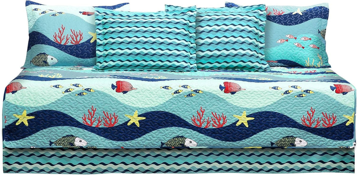 Lush Decor Sealife Daybed Cover 6 Piece Set 39" W x 75" L Blue - Daybed Bedding Set Twin Quilt Blue - Toddler Bedding - Coastal Decor