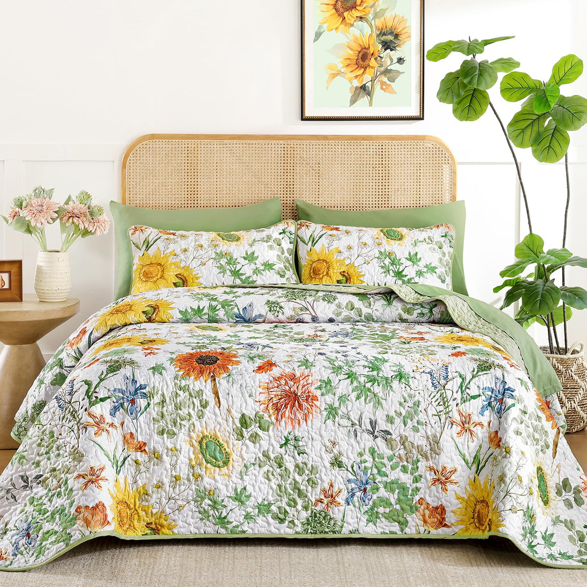Yiran Beige Floral Quilt King Size, Sunflower Bedspreads Bedding Set