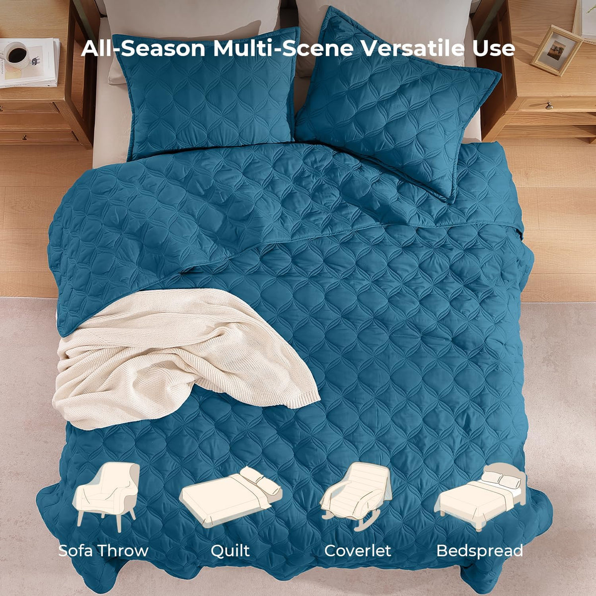Litanika King Quilt Bedding Set, 3 Pieces Teal Blue Bedspreads Set