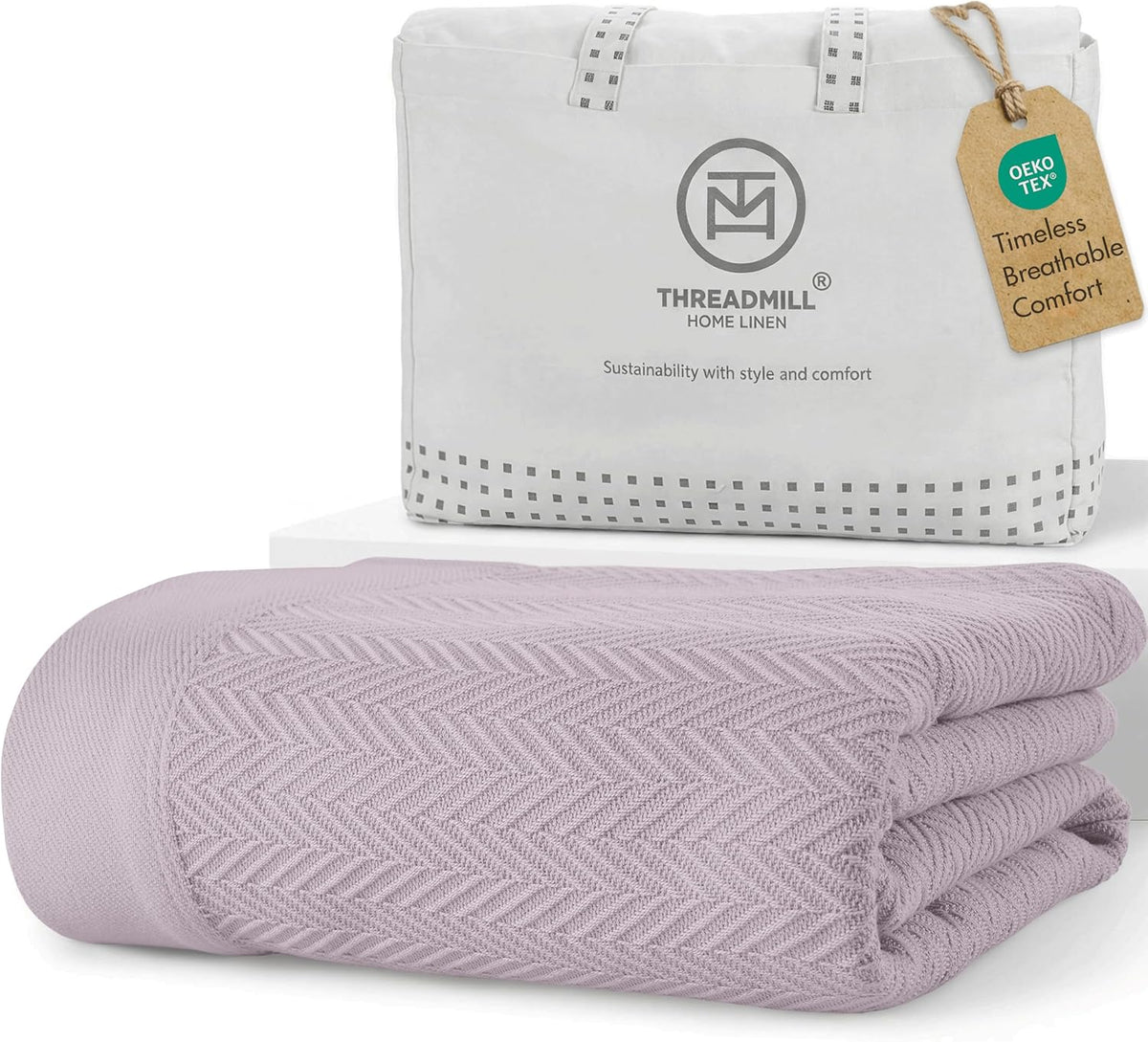 Threadmill Luxury 100% Cotton Twin Herringbone Blanket, Lilac