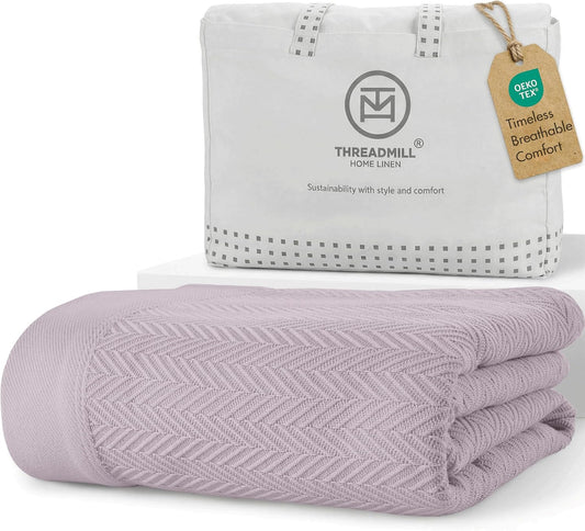 Threadmill Luxury 100% Cotton Twin Herringbone Blanket, Lilac