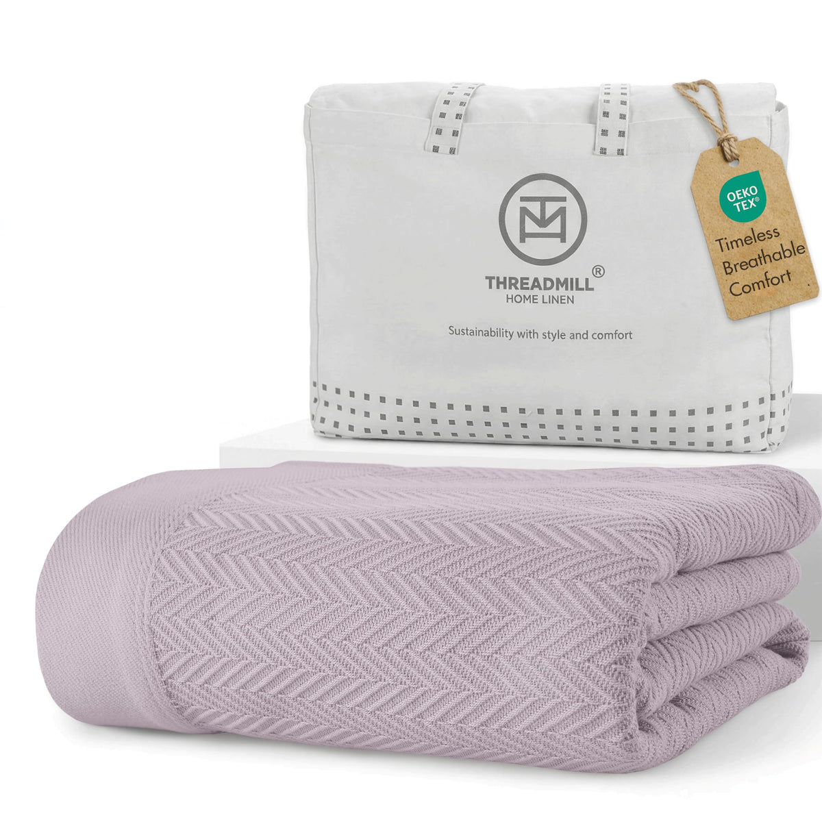 Threadmill Luxury 100% Cotton Twin Herringbone Blanket, Lilac