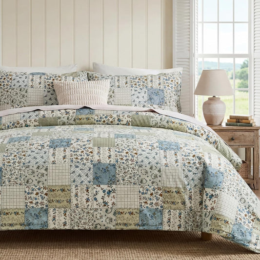 Blue Floral Duvet Cover Set Queen Size 100% Cotton Botanical Patchwork Vintage Bedding Quilt Cover All Season 3 Pieces Soft Lightweight Comforter Cover
