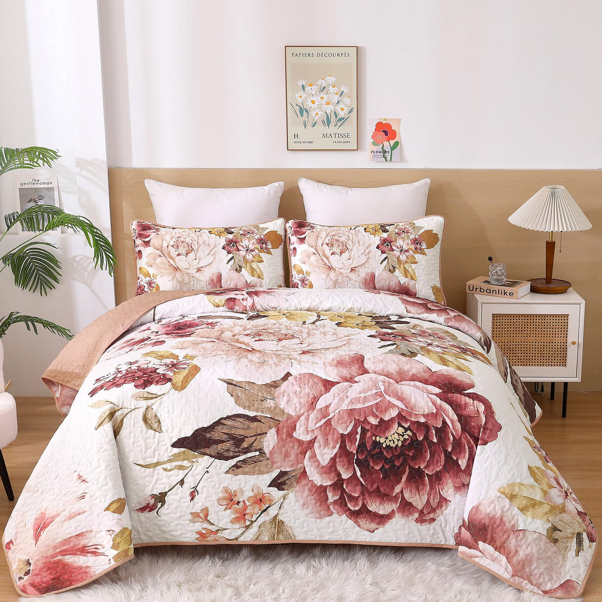 WONGS BEDDING Fall Quilt King Size, 3 Pcs Taupe Floral Bedspread Bedding