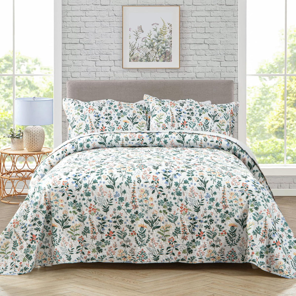 Travan 3-Piece Quilt Set Quilted Bedspread Lightweight Coverlet Set Garden Style Floral Printed Oversized Quilted Bedding Set with Shams for All Season, Exquisite, King Size