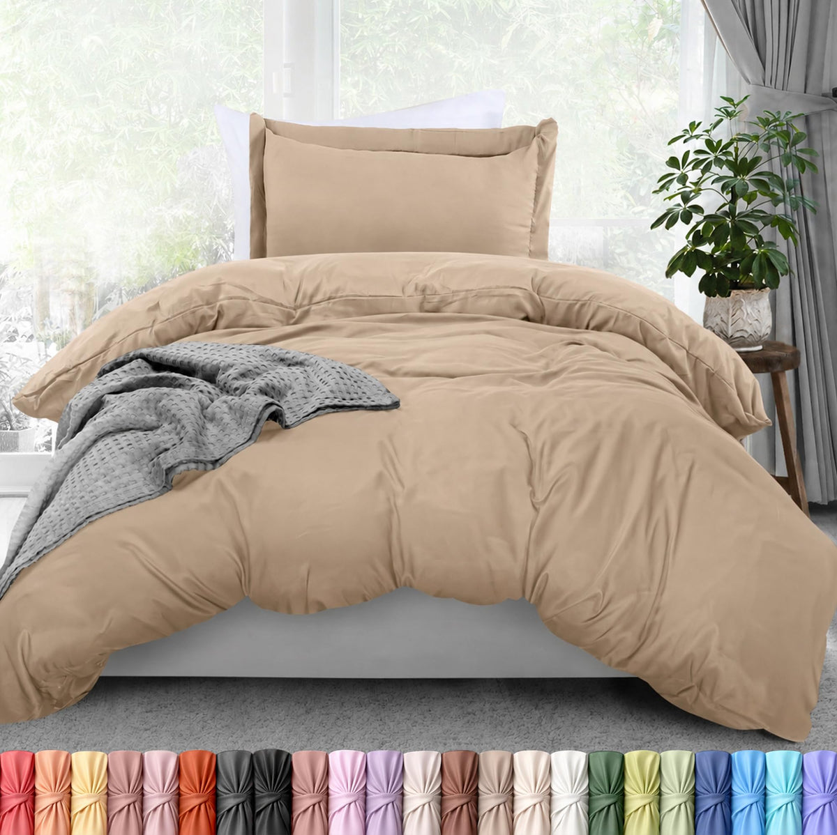 Duvet Cover Queen, 3 Piece Cotton Like Polyester with Zipper Closure, Grey
