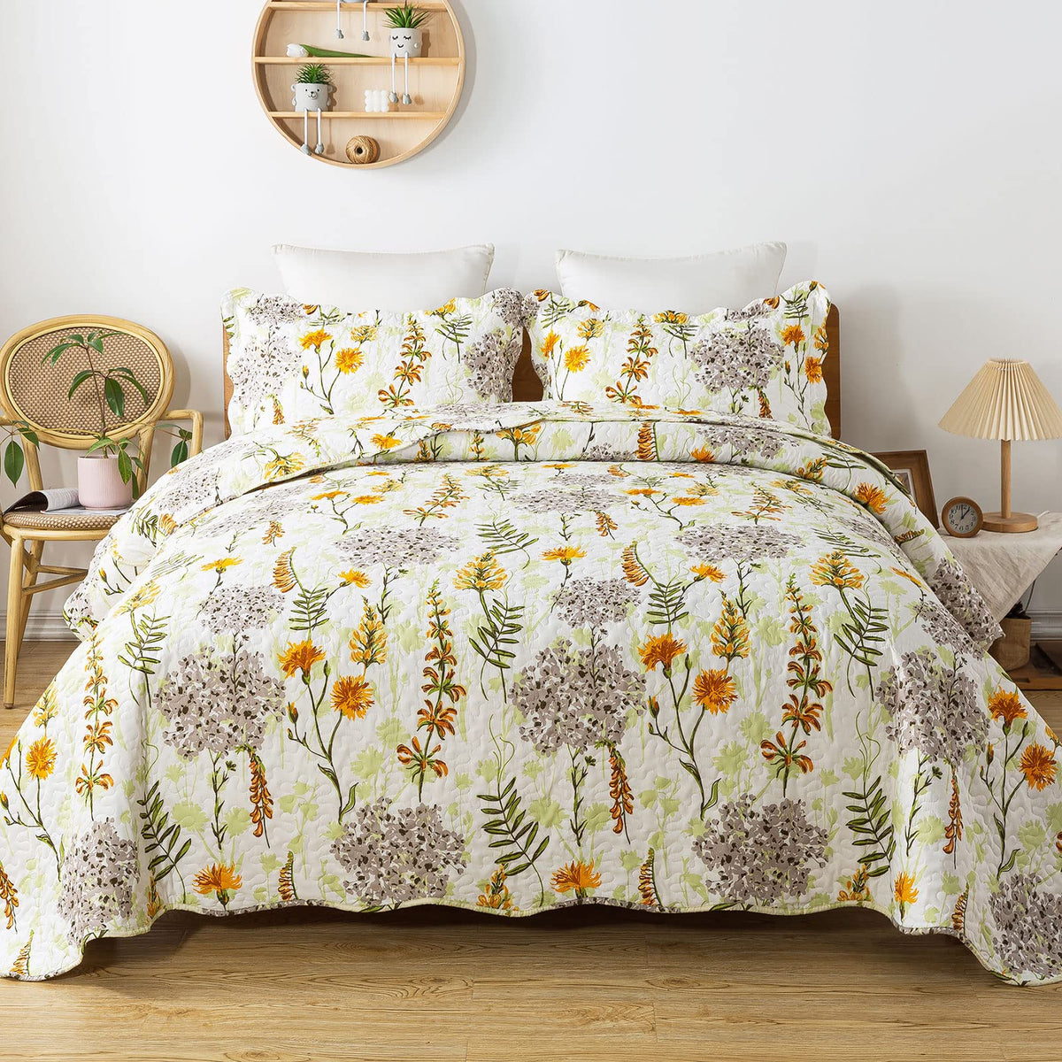 Travan 3-Piece Quilt Set Quilted Bedspread Lightweight Coverlet Set Garden Style Floral Printed Oversized Quilted Bedding Set with Shams for All Season, Exquisite, King Size