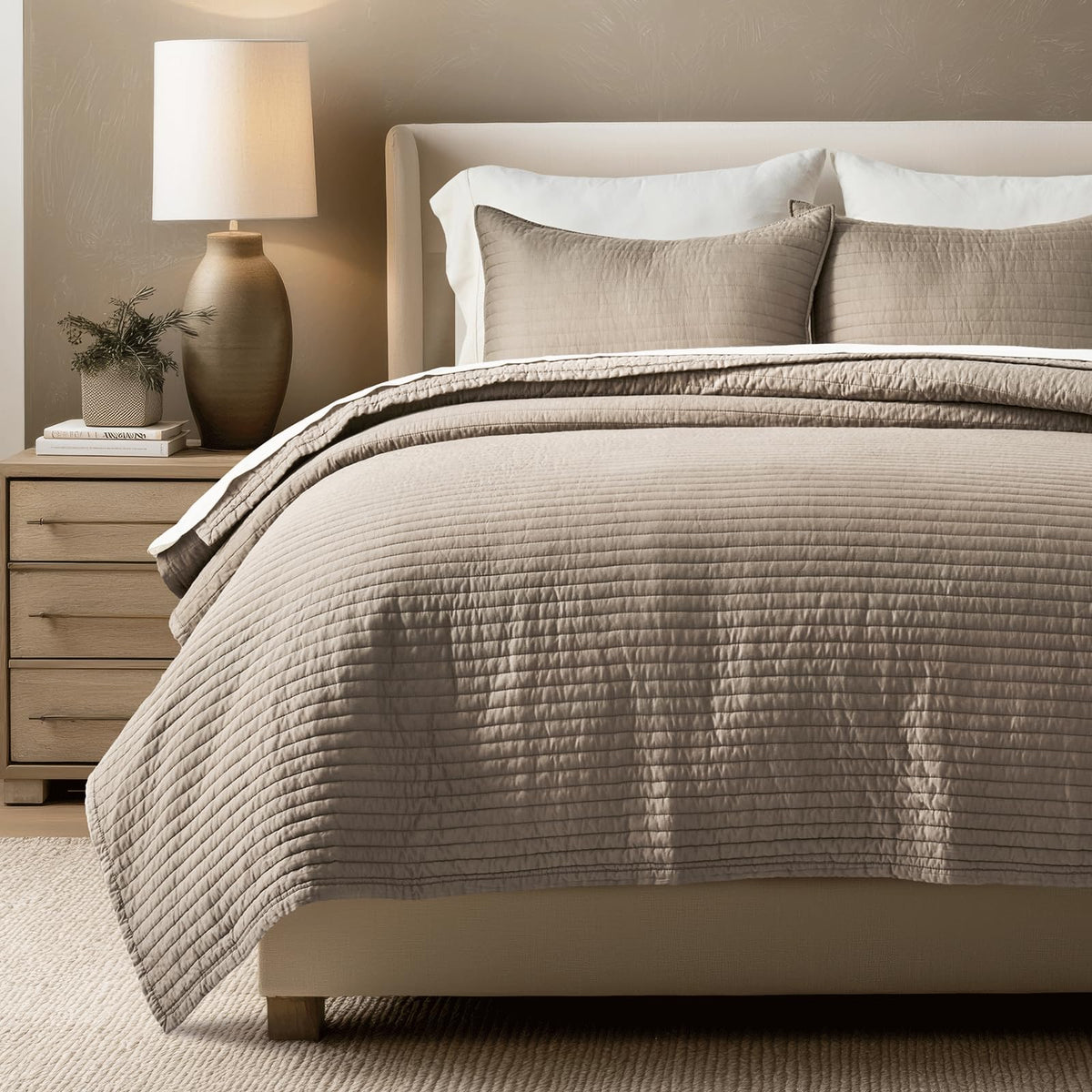 EVERGRACEHOME Cotton Sateen Quilt Set, King Size, Olive Green