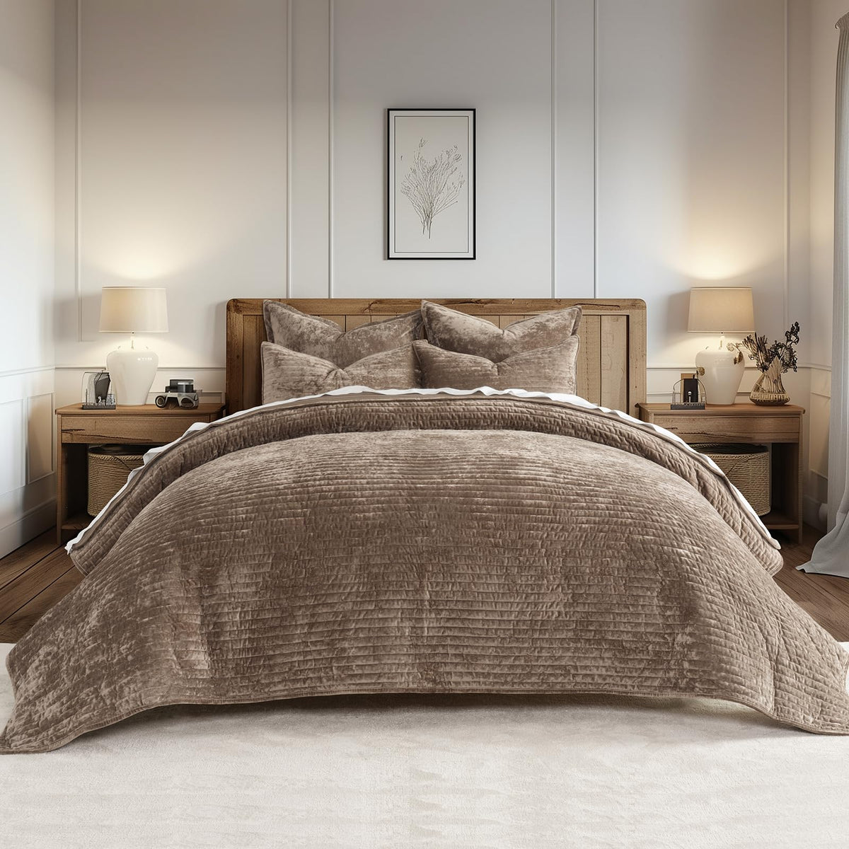EverGrace Stripe Channel Luxury Velvet Quilt Set King Size, Mocha Brown