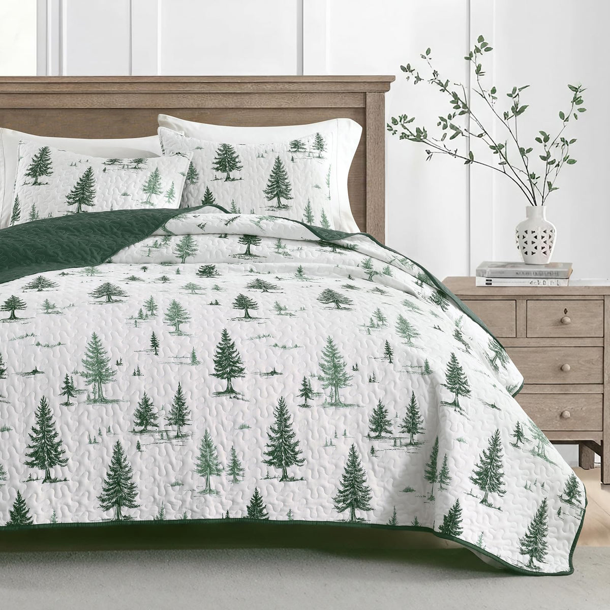 HORIMOTE HOME Tropical Plants Quilt Set Queen Size 3 Pieces, Green Palm Leaves Rainforest Style Fine Printed Reversible Bedspreads Bedding Sets, Soft and Lightweight Bed Coverlet for All Season