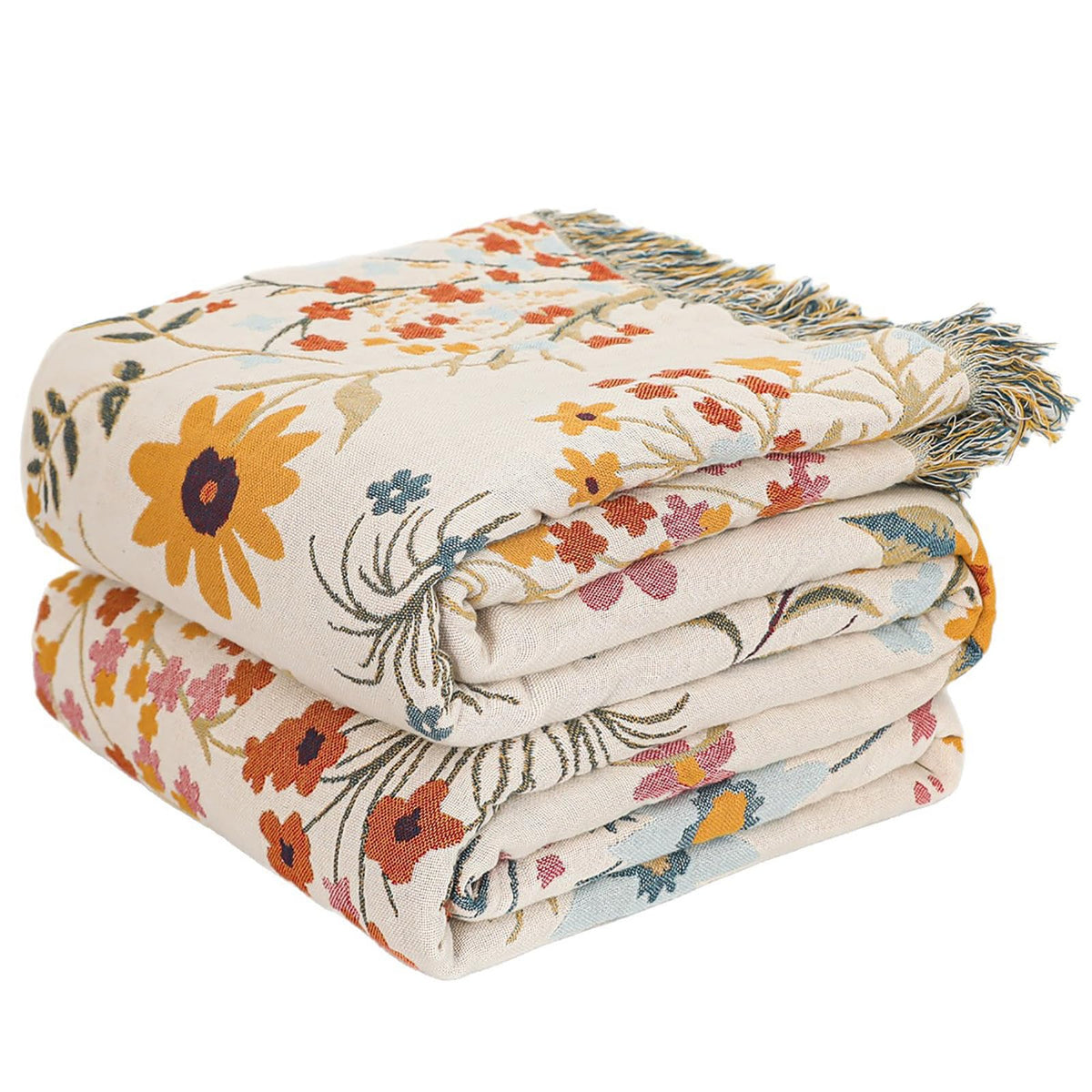 Floral Rustic Large Boho Throw Blanket 90"x98" Orange&Sage Green