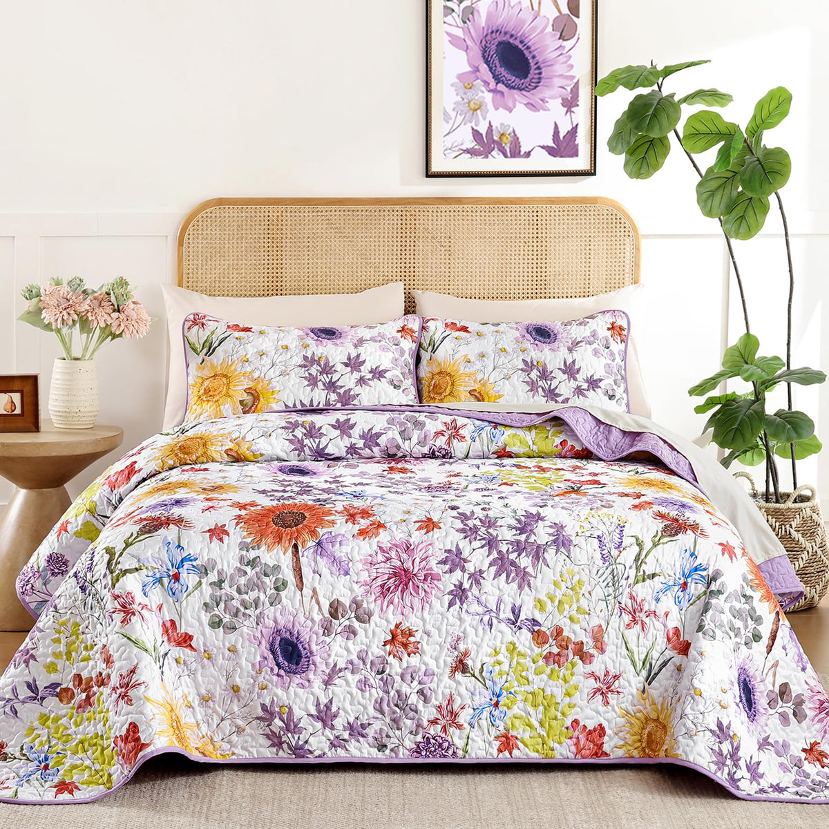 Yiran Beige Floral Quilt King Size, Sunflower Bedspreads Bedding Set