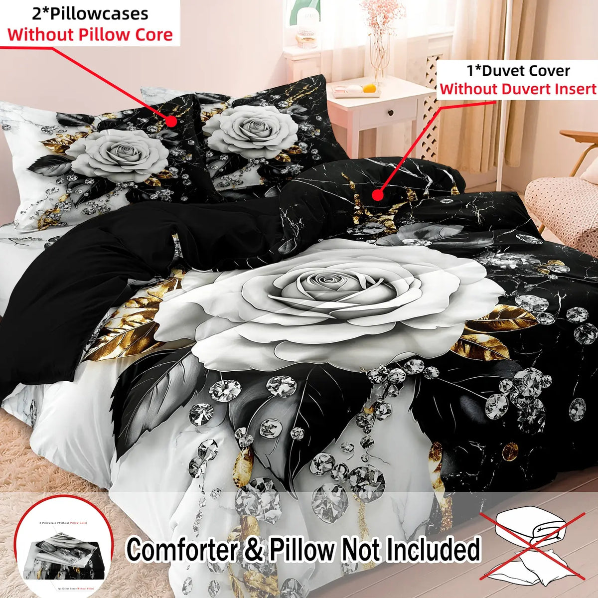 3pcs 3D Featuring Black and White Rose and Crystal Diamond Art Patterns Decorative Duvet Cover Set, Golden leaf chain set duvet cover，Includes 1 Duvet Cover + 2 Pillowcases，Soft and Comfortable Breathable Theme Bedding Set Bed Covers, Comfy Bed Sets