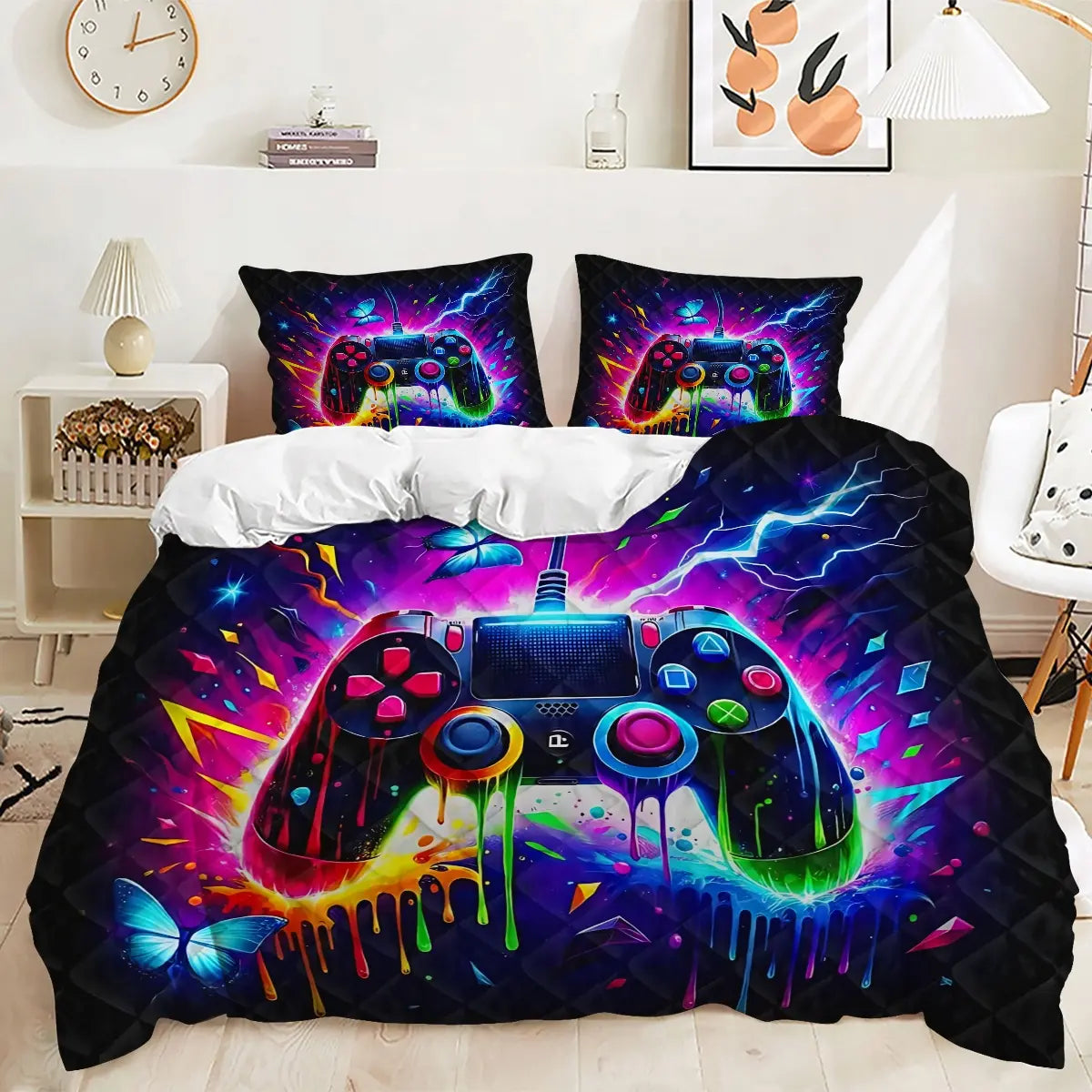 Neon Soccer Game Controller Duvet Cover Set – 2/3‑Piece Sports‑Gaming Bedding Set, Ideal for Teen Gamer Bedroom, Sports‑Esports Room, Man Cave, Game Streamer Room & Guest Room All‑Season Use, without Pillow Core