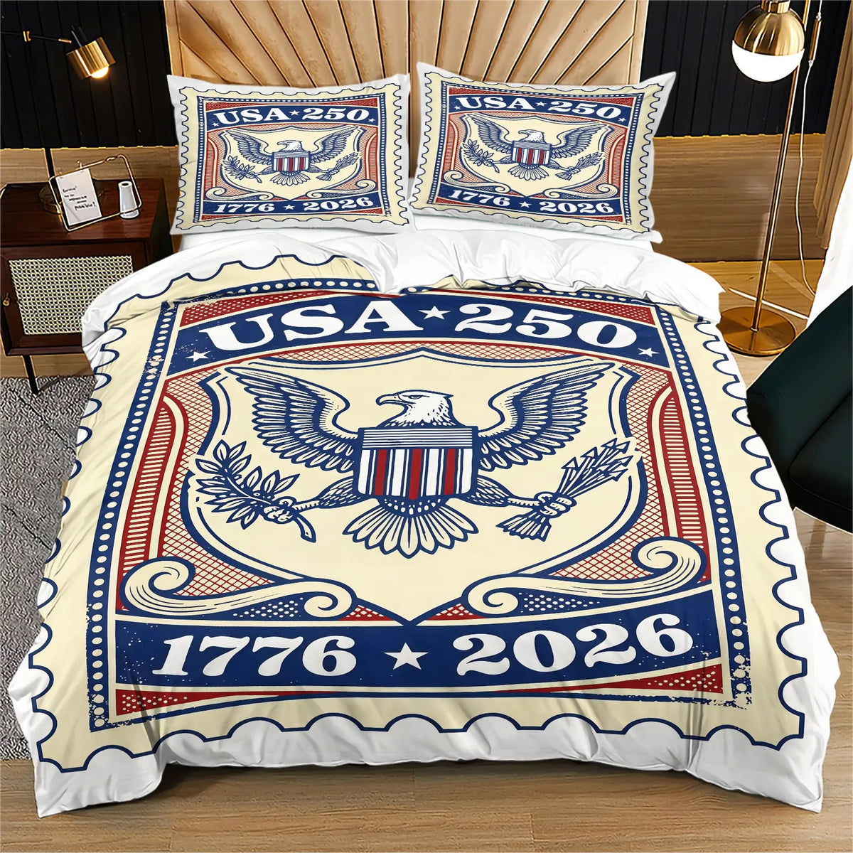American 250th Anniversary Pattern Quilt Cover Set, Soft And Comfortable Bedding Set (1 Duvet Cover + 1/2 Pillowcase, No Filler), Suitable For Teenagers And Adults, Bedroom, Dormitory, Guest Room Scene