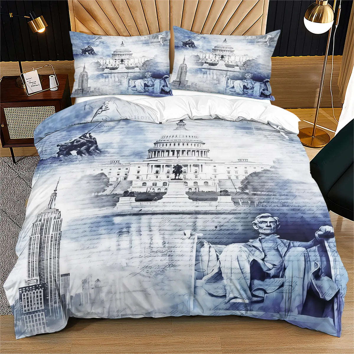 American 250th Anniversary Pattern Quilt Cover Set, Soft And Comfortable Bedding Set (1 Duvet Cover + 1/2 Pillowcase, No Filler), Suitable For Teenagers And Adults, Bedroom, Dormitory, Guest Room Scene