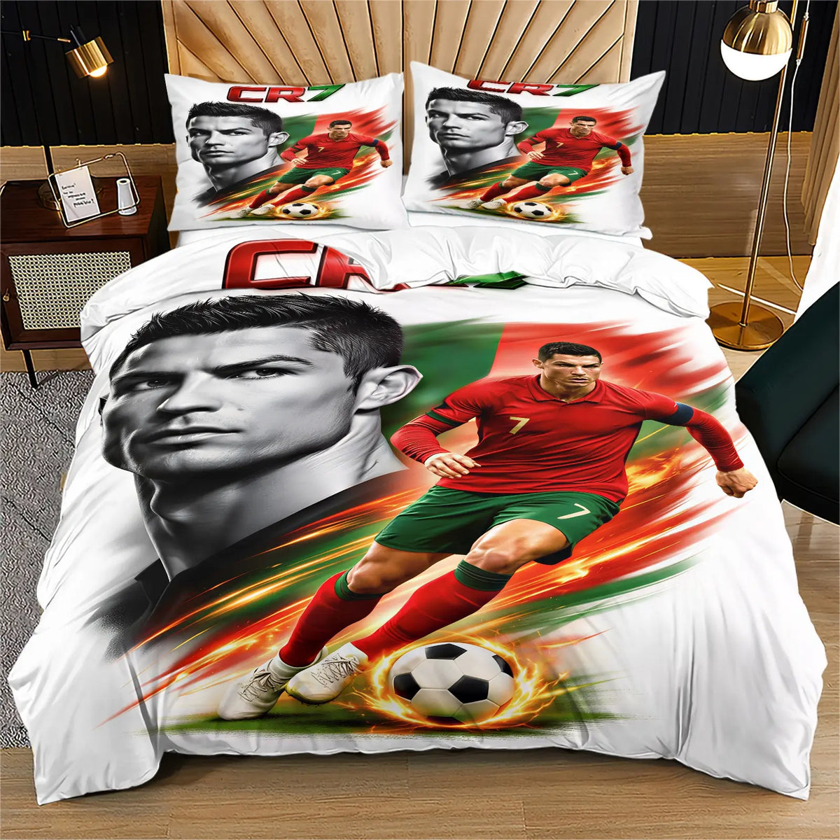 2/3Pcs Trending Soccer Star Illustration Decorative Duvet Cover Sets Theme Bedding Set, Soft Durable for Teens Sports Lovers Bedroom Dorm Decor (No Filler, No Pillow Inserts)