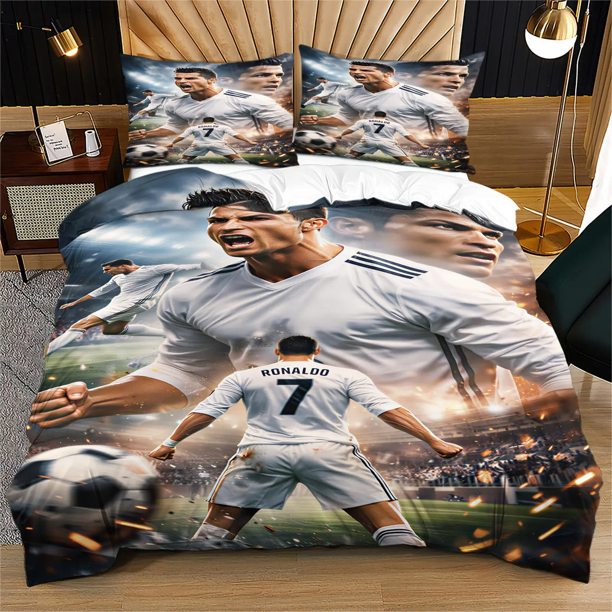 2/3Pcs Trending Soccer Star Illustration Decorative Duvet Cover Sets Theme Bedding Set, Soft Durable for Teens Sports Lovers Bedroom Dorm Decor (No Filler, No Pillow Inserts)