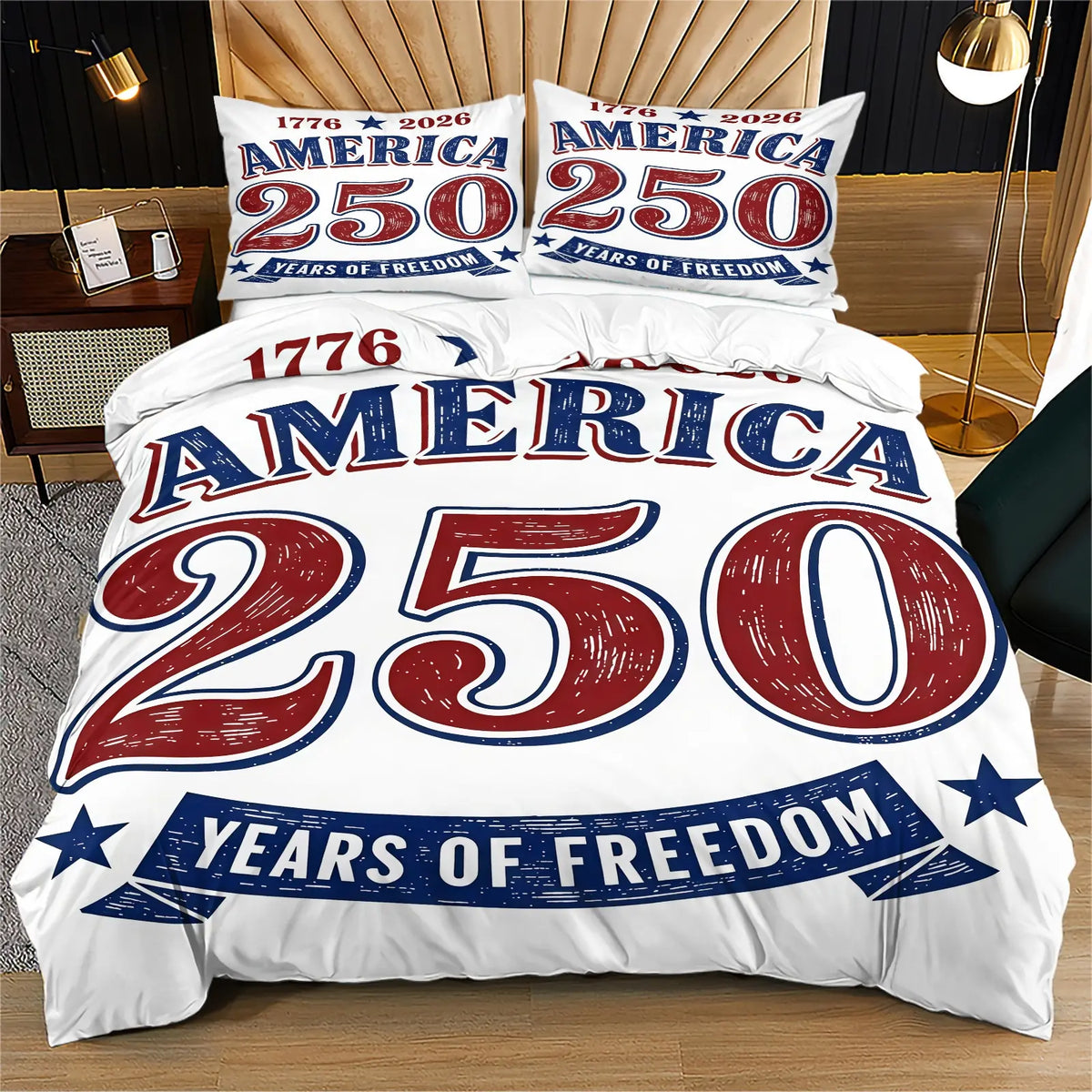 American 250th Anniversary Pattern Quilt Cover Set, Soft And Comfortable Bedding Set (1 Duvet Cover + 1/2 Pillowcase, No Filler), Suitable For Teenagers And Adults, Bedroom, Dormitory, Guest Room Scene