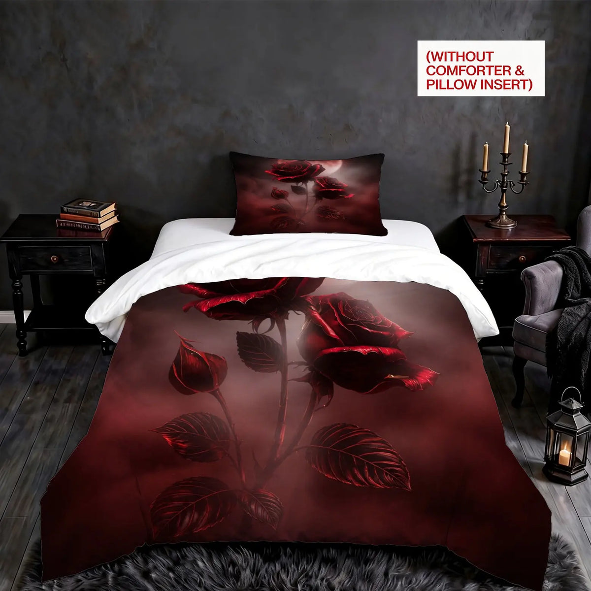 2/3Pcs Gothic Night‑Moon Red Rose Decorative Duvet Cover Set, Dark Romantic‑Style Digital Printed Bedding, No Core, Soft Machine‑Washable Quilt Cover, Perfect for Bedroom, Dorm & Gothic‑Style Enthusiasts, Ideal Home Decor Gift