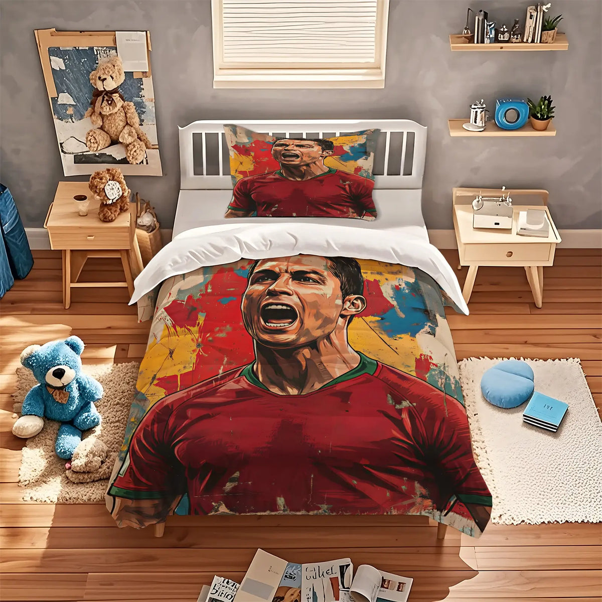 2/3Pcs Trending Soccer Star Illustration Decorative Duvet Cover Sets Theme Bedding Set, Soft Durable for Teens Sports Lovers Bedroom Dorm Decor (No Filler, No Pillow Inserts)