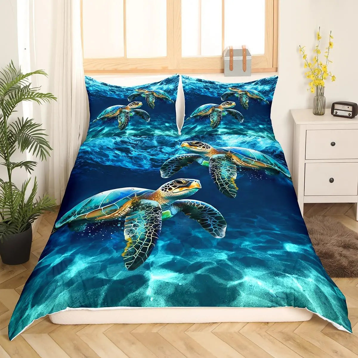 Feelyou Blue Pattern Duvet Cover Set - Multi-Size Cloud Bedding, Vibrant Print Animals Sea Turtle Marine Life Decor, Cozy Luxury Textiles for Modern Hawaii Tropical Deep Sea Themed Rooms