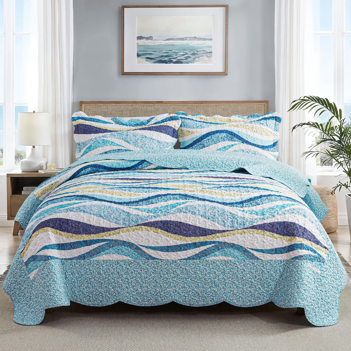 HoneiLife Oversized King Bedspreads 120x120 - Beach Quilt 3 Pieces, Coastal Quilt Sets, California King Quilt, Nautical Bedspreads Ocean Coverlets, Lightweight Bed Cover, Summer Quilts