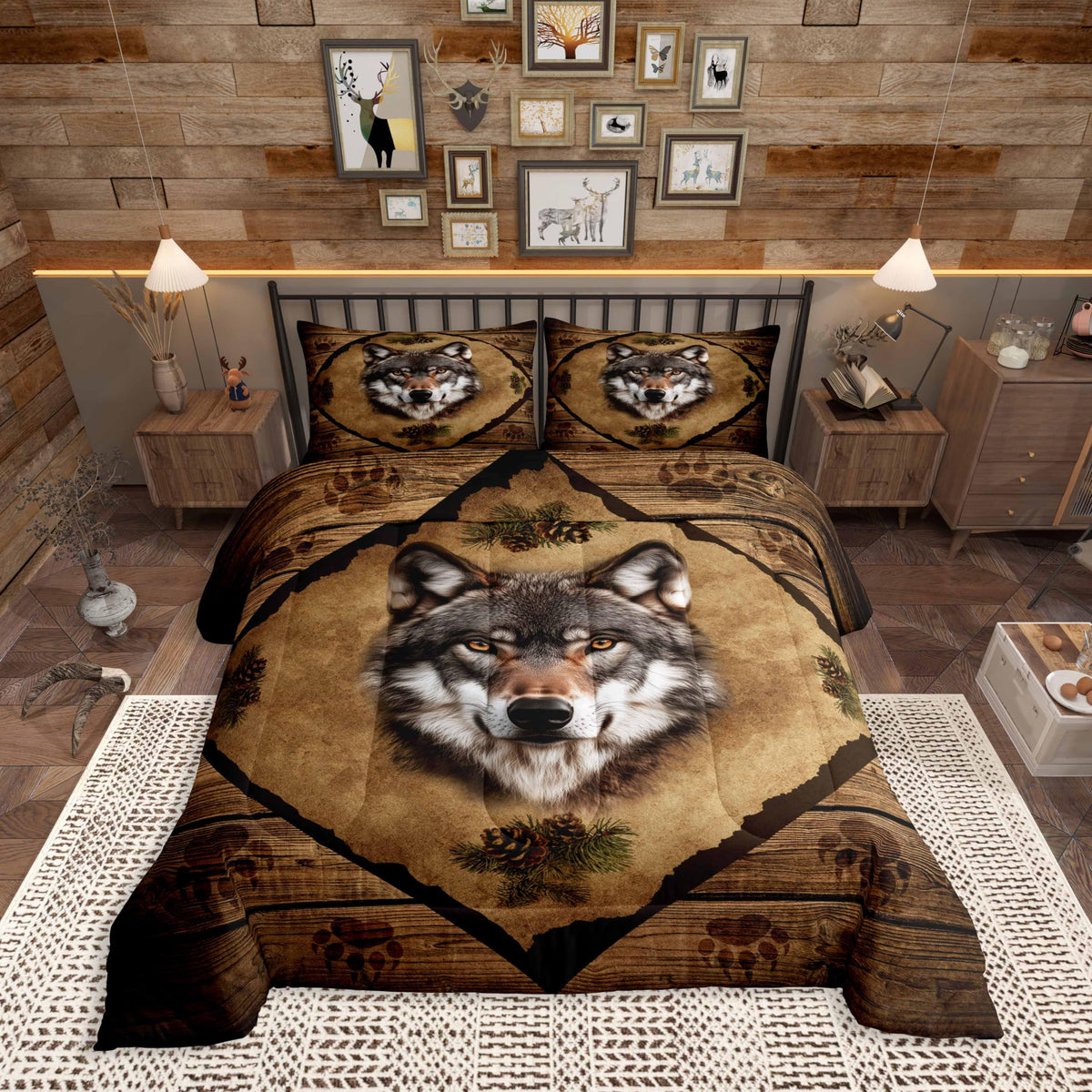 Homewish Jungle Cabin Comforter Set,Moose Animal Pine Trees Bedding Sets for Kids Teens Adults,Retro Wooden Stripes Rustic Farmhouse Quilted Comforter with 2 Pillowcases Queen Size 3 Pcs