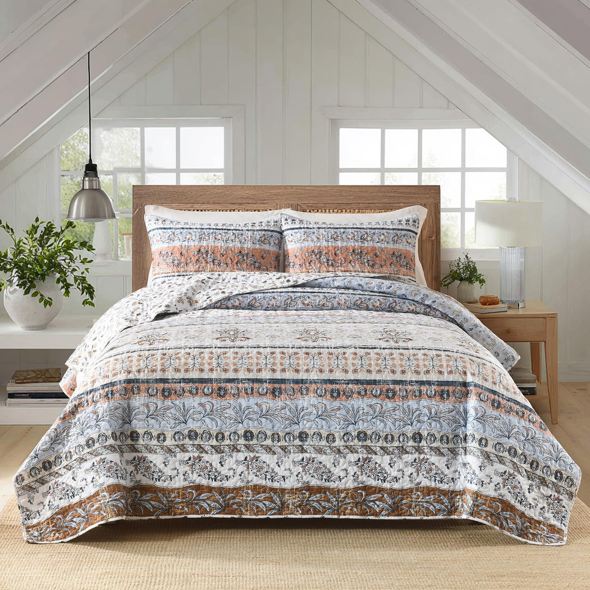 Boho Style Queen Quilt Set Reversible Bohemian Floral Strip Quilt Beddding Set, Soft and Lightweight Bedspread for All Season, Full Size Bed Coverlet with 2 Matching Pillow Shams (3 Pieces)