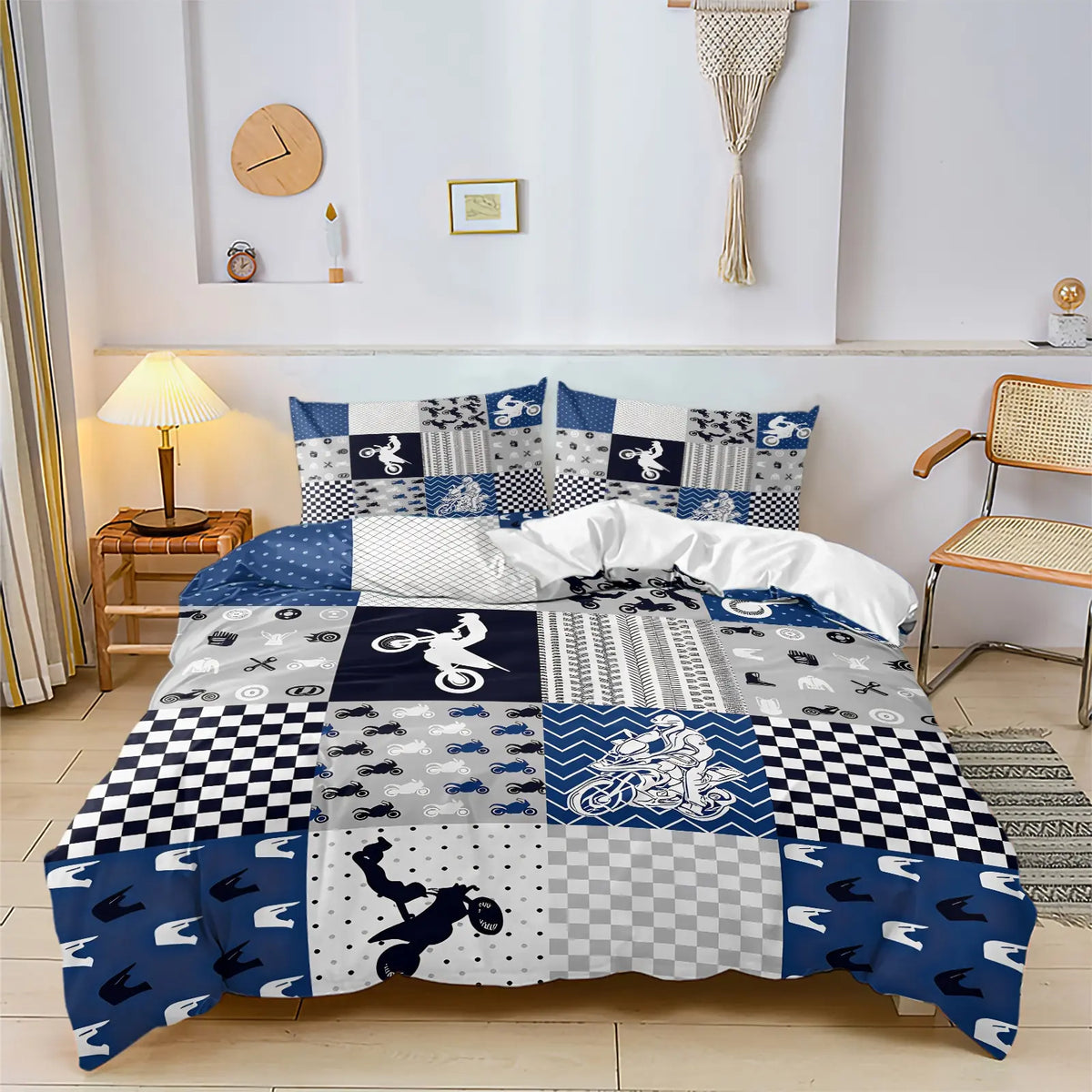 2/3 Pcs Dirt Bike Print Duvet Cover Set, Cool Motocross Themed Bedding Set, Motorcycle Bedding, Soft Durable with Zipper Closure, Bold Digital Print, Great for Teen Bedroom, Dorm, Motocross Enthusiast Room Decor - No Filling