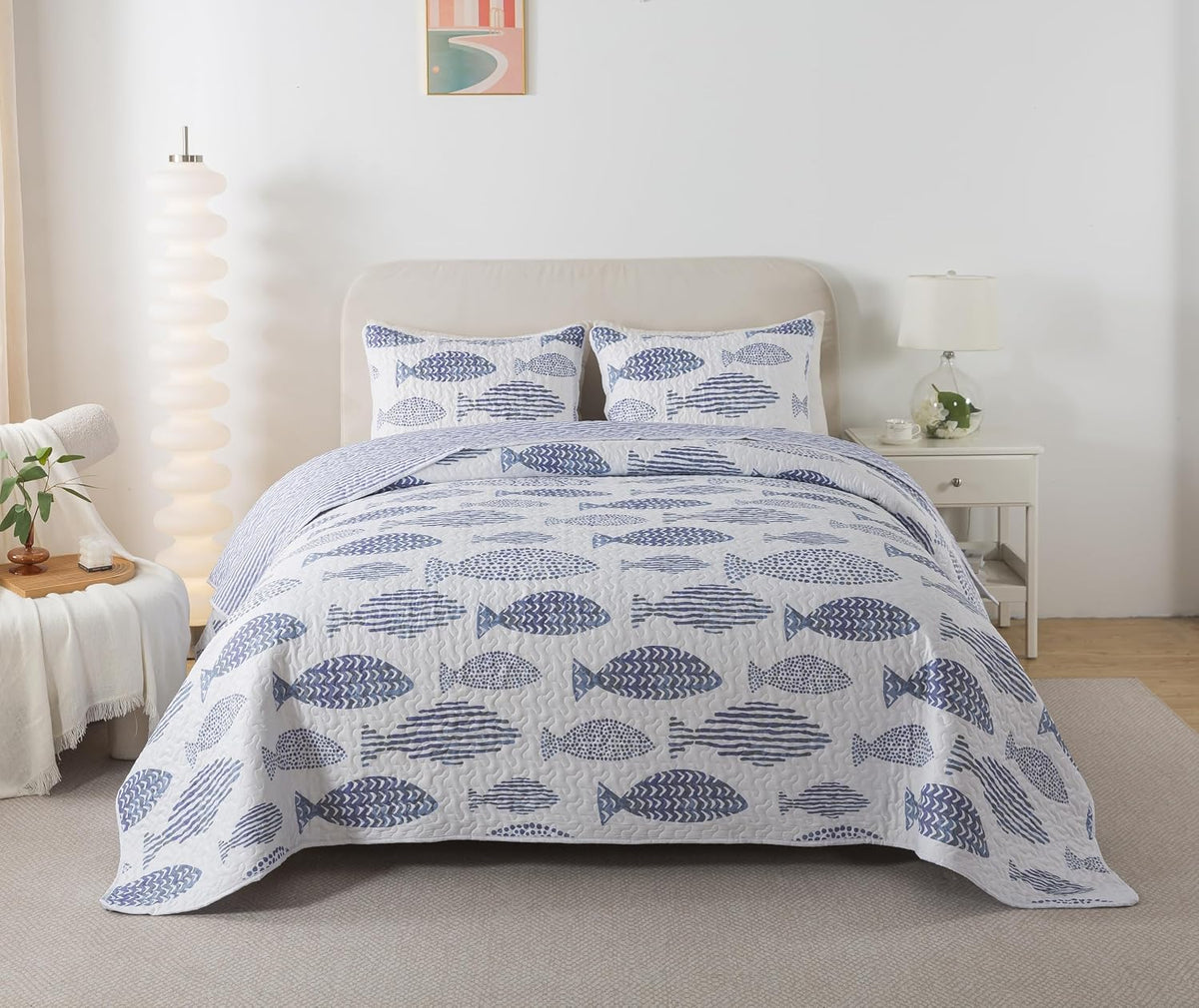 SLPR - Coastal Nautical Fish Quilt Set, Queen with 2 Shams, Lake Bedding