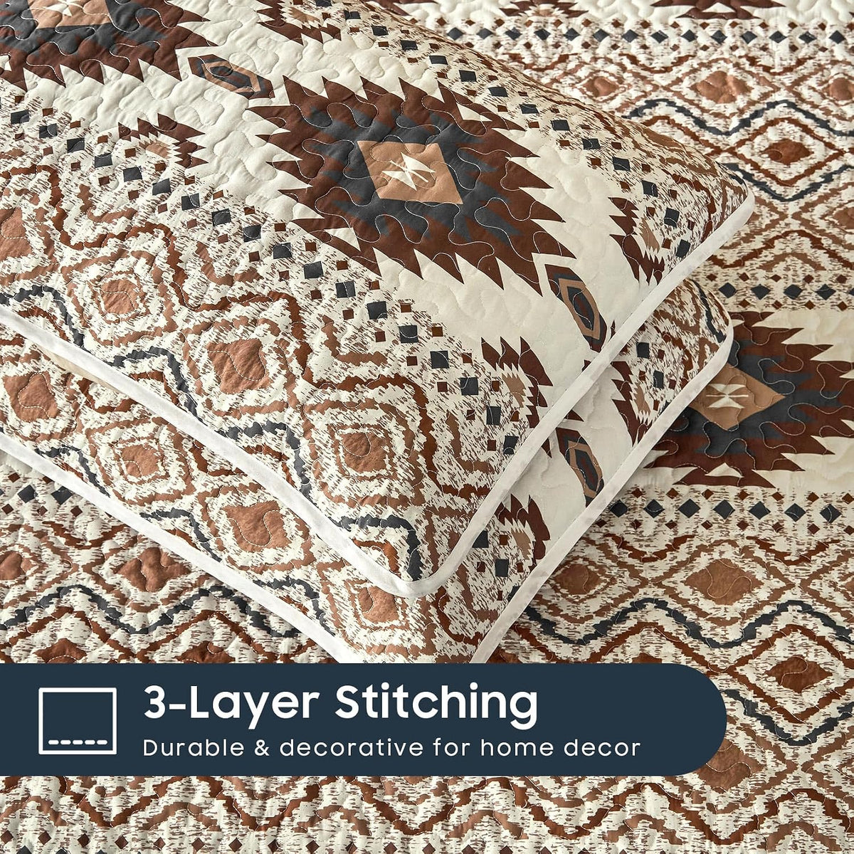 Wake In Cloud - Western Quilt Set, Southwestern Aztec Country Style with Rustic Ranch Vibe, Reversible Lightweight Bedspread Coverlet, 3 Pieces, Beige Brown, Twin/Twin XL Size