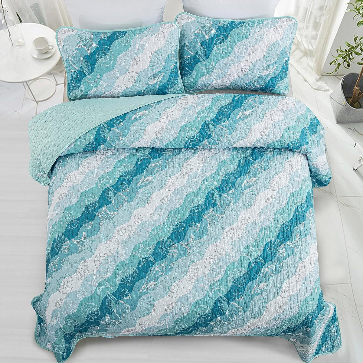 Dinjoy Coastal Quilts Queen Size, Blue Green Ocean Beach Themed Bedding Set