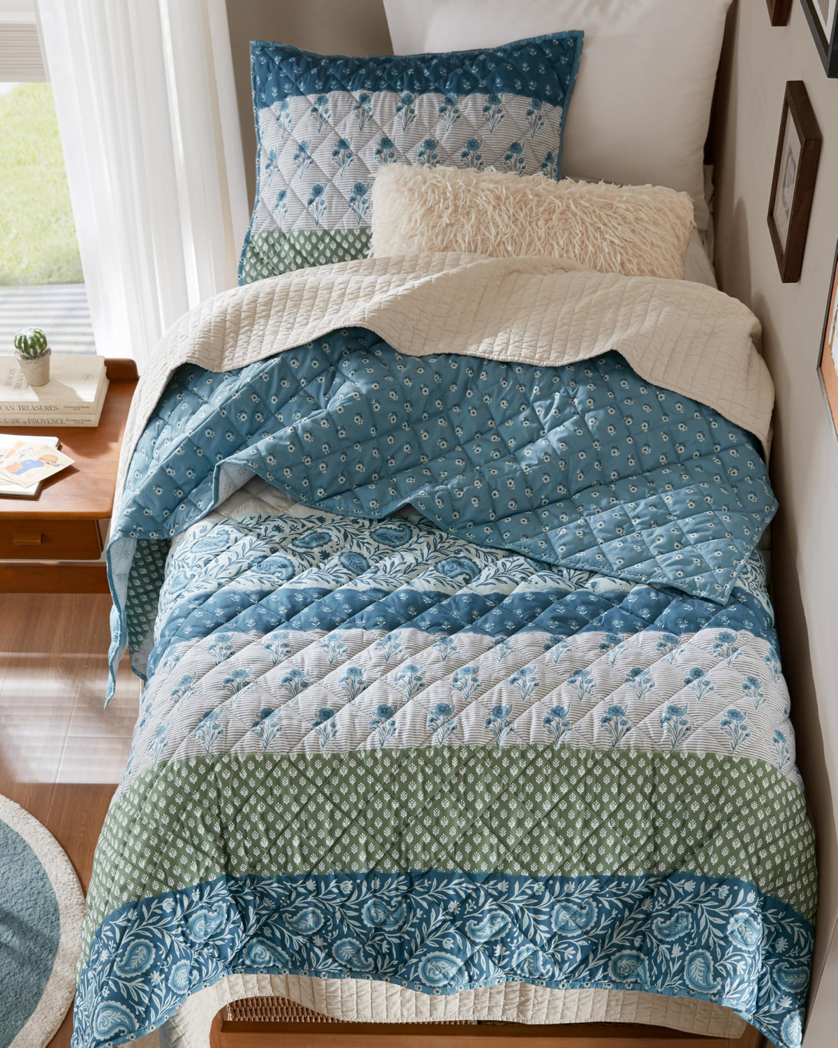 Comfort Spaces Valerie Boho Reversible Twin Quilt Bedding Set, 2 PC, Blue