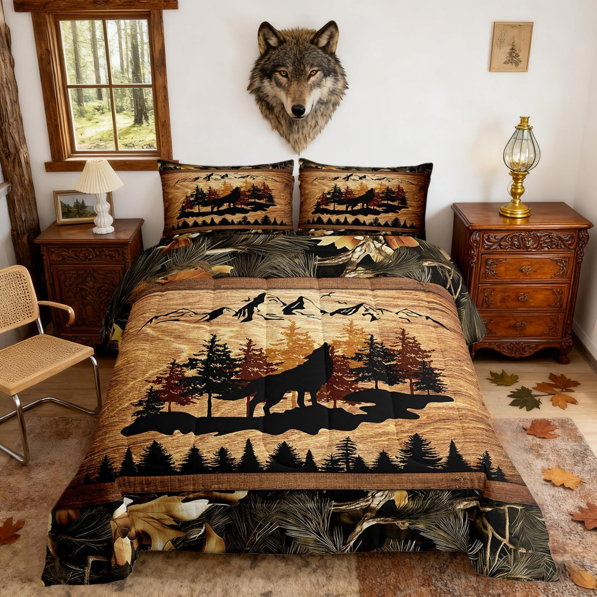 Homewish Jungle Cabin Comforter Set,Moose Animal Pine Trees Bedding Sets for Kids Teens Adults,Retro Wooden Stripes Rustic Farmhouse Quilted Comforter with 2 Pillowcases Queen Size 3 Pcs