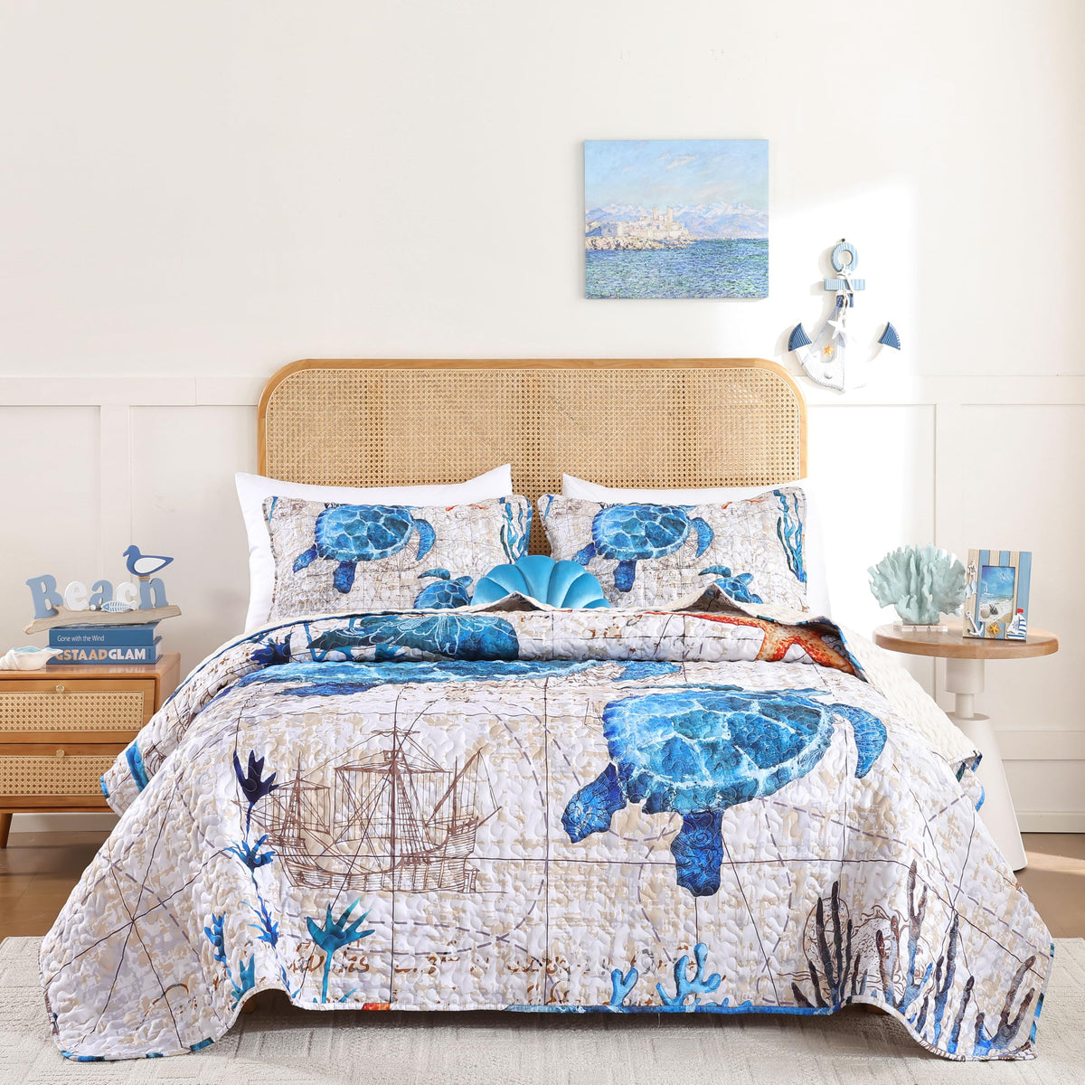 weigelia Coastal Quilt Twin Size, Sea Turtle Lightweight Summer Bedding